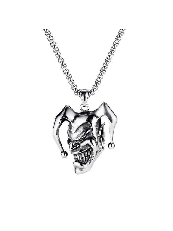 Skull Necklace for Men, Gothic Joker Skull Necklace, Hip Hop Evil Clown Skull Head Pendant Necklace with 23.6” Chain, Halloween Skull Necklace, Punk Skull Jewelry Gift for Men