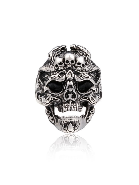 Skull Ring for Men, Norse Viking Dragon Head Ring, Gothic Demon Skull Head Ring, Punk Rock Skull Totem Ring, Hip Hop Halloween Skull Biker Ring, Viking Skull Dragon Jewelry Gift for Men Boys