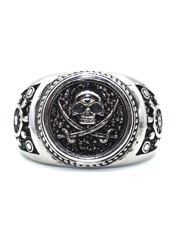 Skull Ring for Men, Vintage Pirate Crossed Swords Skull Head Ring, Punk Rock Skull Totem Ring, Gothic Pirate Skull Amulet Ring, Halloween Ring Biker, Viking Skull Jewelry Gift for Men Boys