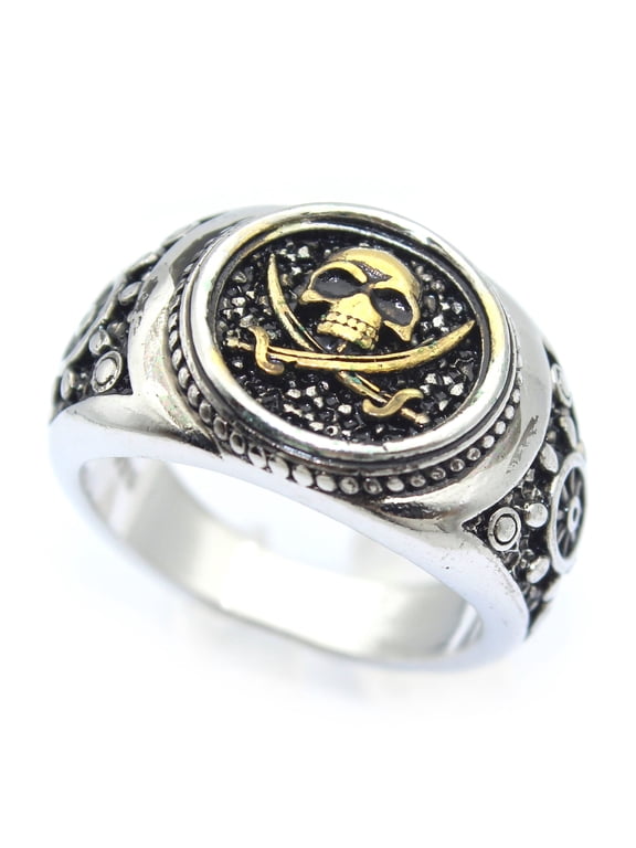 Skull Ring for Men, Vintage Pirate Crossed Swords Skull Head Ring, Punk Rock Skull Totem Ring, Gothic Pirate Skull Amulet Ring, Halloween Ring Biker, Viking Skull Jewelry Gift for Men