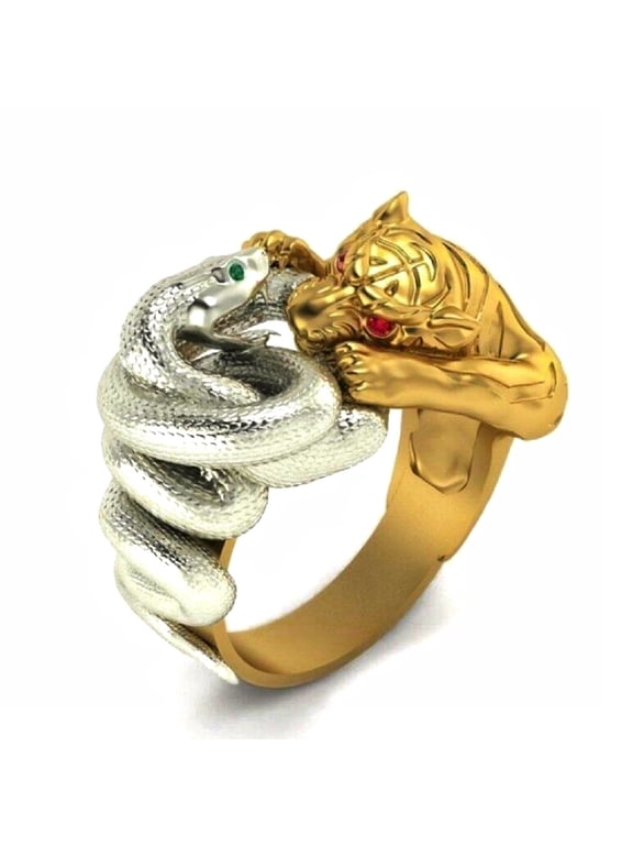Snake Tiger Ring for Men, Gold Tiger Silver Snake Fighting, Vintage Gothic Red Eyes Tiger Head Ring, Punk Hip Hop Green Eyes Snake Wrap Ring, Viking Animal Jewelry Gift for Men