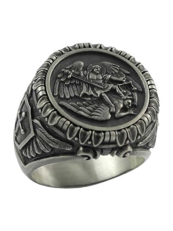 St. Michael Ring for Men, Vintage Cross Shield Ring, Viking Angel Wings Ring, Saint Michael the Archangel Ring, Religious Amulet Ring, Punk Christian Faith Jewelry Gift for Men