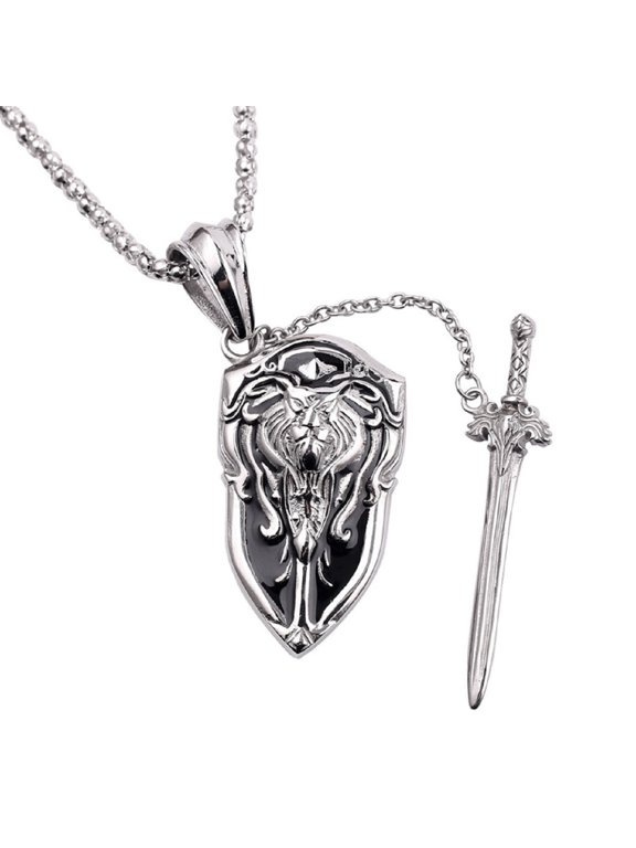 Sword Shield Pendant Necklace for Men, Viking Lion Pendant Necklace with 23.6” Chain, Cool Lion Totem Necklace, Punk Hip Hop Lion Signet Necklace, Amulet Pendant, Gothic Jewelry Gift for Men