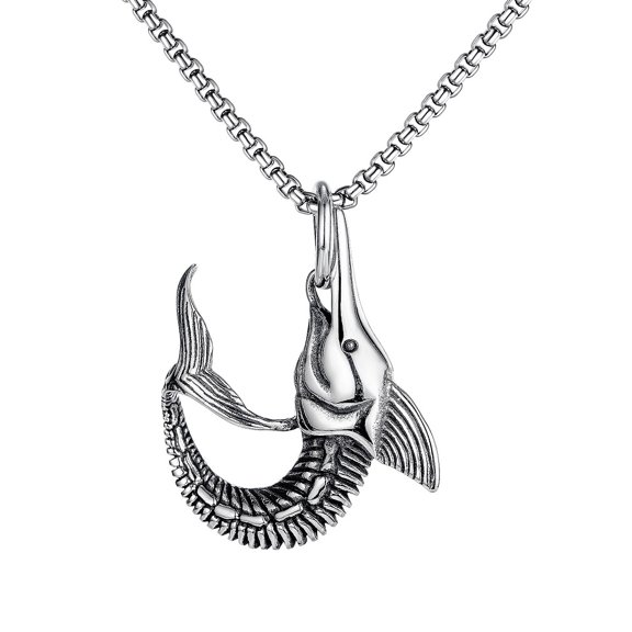 PikaLF Swordfish Necklace for Men, Hip Hop Fish Marlin Necklace, Norse Viking Fishbone Pendant Necklace with 23.6"Chain, Stainless Steel Punk Rock Fish Pendant, Vintage Animal Fish Necklace Jewelry