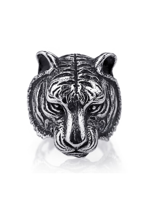 Tiger Head Ring for Men, Vintage Gothic Tribal Biker Tiger Skull Ring, Retro Tiger Totem Rings, Tiger Signet Amulet Ring, Viking Animal Tiger Jewelry Gift for Men