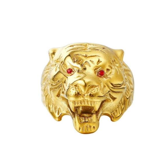 PikaLF Tiger Ring for Men, Stainless Steel Norse Viking Tiger Head Ring, Vintage Tiger Skull Totem Rings, Golden Tiger Signet Amulet Ring, Punk Animal Tiger Jewelry Gift for Men