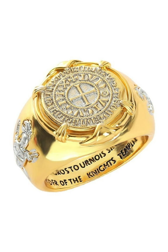 Valor Ring with Silver Coin, Knights Templar Rings for Men, Crusaders Rings, Retro Cross Totem Rings, Amulet Ring, 14K Gold Plated Coin Ring, Sword Shield Jewelry Gift for Men