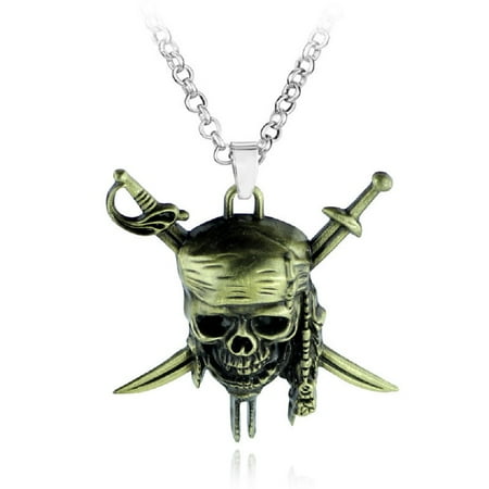PikaLF Viking Pirate Skull Necklace for Men, Gothic Skull Head Pendant Necklace with 19.7” Chain, Crossed Swords Necklace, Punk Skull Jewelry Charm Gift for Men