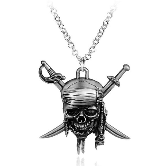 PikaLF Viking Pirate Skull Necklace for Men, Gothic Skull Head Pendant Necklace with 19.7” Chain, Crossed Swords Necklace, Punk Skull Jewelry Charm Gift for Men