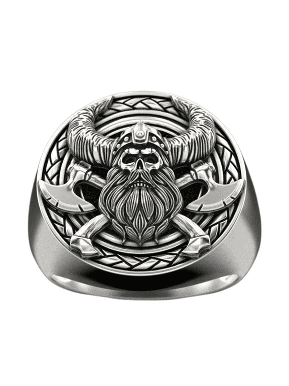 Viking Skull Ring for Men, Viking Warrior Ring, Crossed Axe Skull Head Ring, Vintage Gladiator Helmet Skull Ring, Nordic Warriors Skull Tribal Amulet Ring, Punk Skull Jewelry Gift for Men