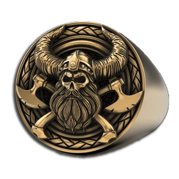 PikaLF Viking Skull Ring for Men, Viking Warrior Ring, Crossed Axe Skull Head Ring, Vintage Gladiator Helmet Skull Ring, Nordic Warriors Skull Tribal Amulet Ring, Punk Skull Jewelry Gift for Men
