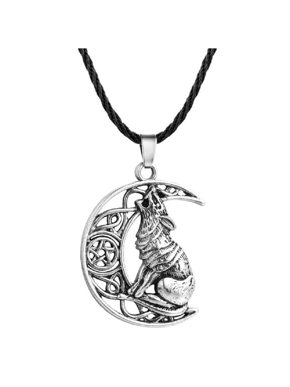 Wolf Necklace for Men, Crescent Moon Wolf Necklace, Norse Viking Wolf Head Pendant Necklace with 19.7” Chain, Retro Howling Wolf Totem Amulet Necklace, Punk Animal Wolf Jewelry Gift for Men