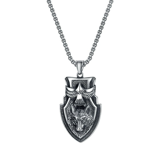 PikaLF Wolf Necklace for Men, Eagle Wolf Shield Necklace, Norse Viking Wolf Head Pendant Necklace with 25.6 Chain, Vintage Celtic Wolf Totem Amulet Necklace, Punk Animal Wolf Jewelry Gift for Men