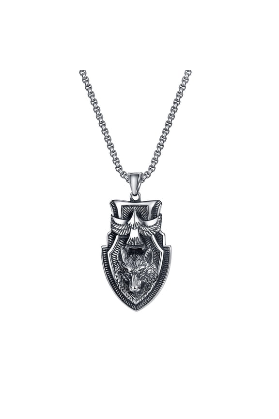 Wolf Necklace for Men, Eagle Wolf Shield Necklace, Norse Viking Wolf Head Pendant Necklace with 25.6” Chain, Vintage Celtic Wolf Totem Amulet Necklace, Punk Animal Wolf Jewelry Gift for Men