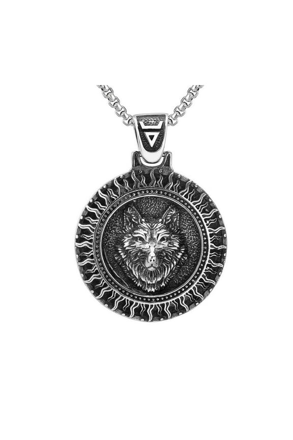 Wolf Necklace for Men, Norse Viking Wolf Head Pendant Necklace with 23.6” Chain, Stainless Steel Vintage Celtic Wolf Totem Amulet Necklace, Punk Animal Wolf Jewelry Gift for Men