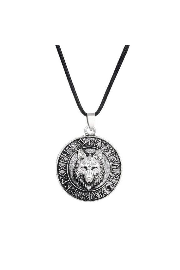 Wolf Necklace for Men, Norse Viking Wolf Head Pendant Necklace with 23.6” Chain, Viking Runes Coin Wolf Amulet Necklace, Retro Wolf Totem Necklace, Punk Animal Wolf Jewelry Gift for Men