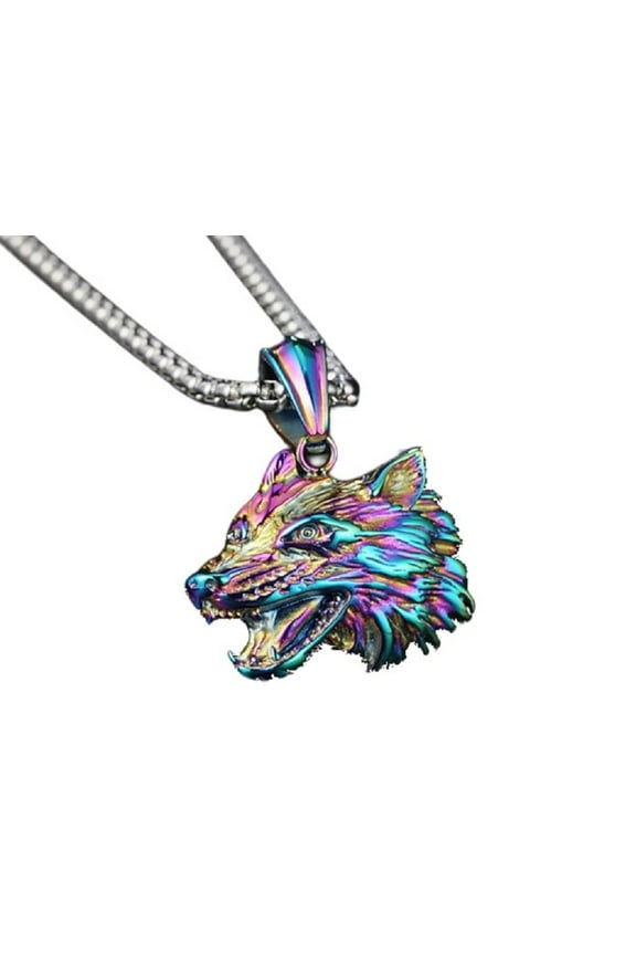 Wolf Necklace for Men, Rainbow Wolf Necklace, Stainless Steel Norse Viking Wolf Head Pendant Necklace with 23.6” Chain, Colorful Wolf Necklace, Punk Animal Wolf Jewelry Gift for Men