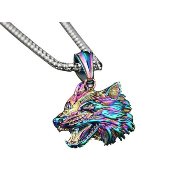 PikaLF Wolf Necklace for Men, Rainbow Wolf Necklace, Stainless Steel Norse Viking Wolf Head Pendant Necklace with 23.6 Chain, Colorful Wolf Necklace, Punk Animal Wolf Jewelry Gift for Men