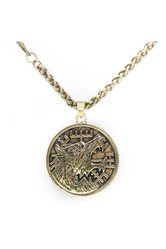 Wolf Necklace for Men, Retro Wolf Compass Amulet Necklace, Norse Viking Wolf Head Pendant Necklace with 23.6” Chain, Vintage Wolf Rune Necklace, Punk Animal Wolf Jewelry Gift for Men Boys