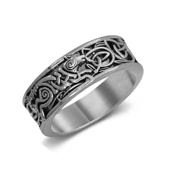 PikaLF Wolf Ring for Men, Retro Wolf Totem Rings, Cross Line Ring, Norse Viking Wolf Ring, Wolf Signet Rings, Amulet Ring, Punk Ring, Animal Ring Wolf Jewelry for Men