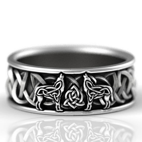 PikaLF Wolf Ring for Men, Retro Wolf Totem Rings, Cross Line Ring, Norse Viking Wolf Ring, Wolf Signet Rings, Amulet Ring, Punk Ring, Animal Wolf Jewelry for Men Boys