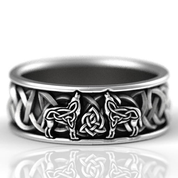 PikaLF Wolf Ring for Men, Retro Wolf Totem Rings, Cross Line Ring, Norse Viking Wolf Ring, Wolf Signet Rings, Amulet Ring, Punk Ring, Animal Wolf Jewelry for Men