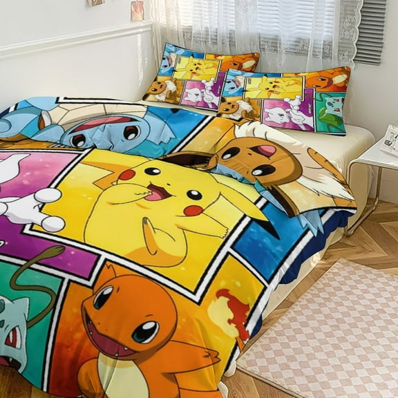 Pikachu Bedding Set Anime Three-piece for Boys Girls Teens King