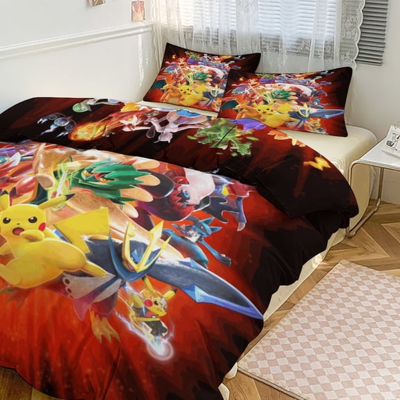 Pikachu Bedding Set Anime Three-piece for Boys Girls Teens King