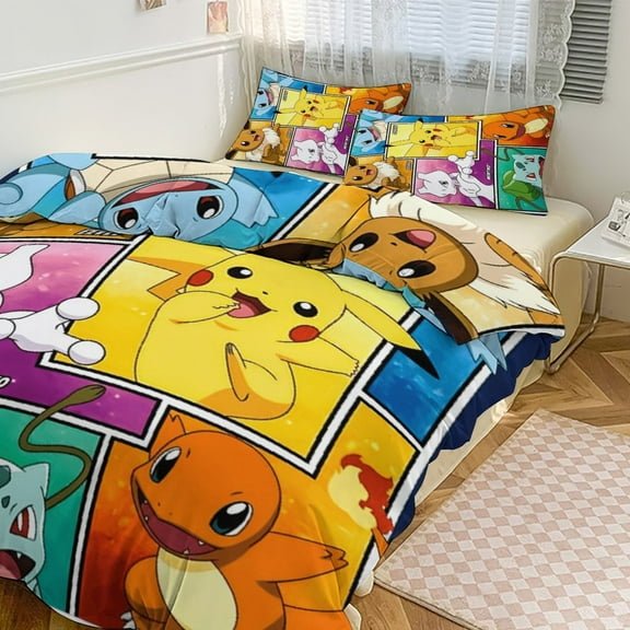 Pikachu Bedding Set Anime Three-piece for Boys Girls Teens Queen