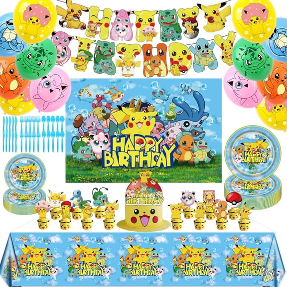 Pikachu Birthday Party Supplies, Including Happy Birthday Party Backdrop, Plates, Cupcake Toppers, Tablecloths, for Girl Boy Pikachu Theme Baby Shower Birthday Party Decorations