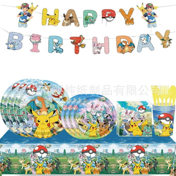 Pikachu Birthday Party Supplies with Dinner & Dessert Plates, Napkins, Cups, Banner and Tablecloth