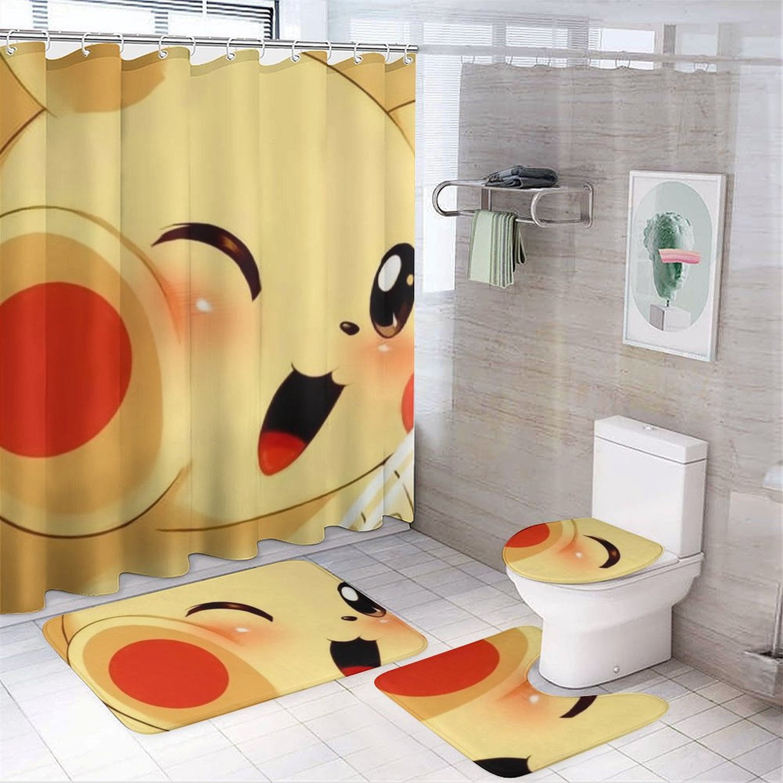 Pikachu Cartoon Shower Curtain Set for Bathroom 4 Piece Bathroom ...