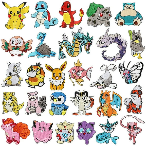 Pikachu Embroidery Applique, Squirtle Iron on Patches 28 Pcs Charmander Decorative Patches Beautiful Sew on Floral Stickers for Backpacks Clothing T-Shirt Jacket Jeans Hat