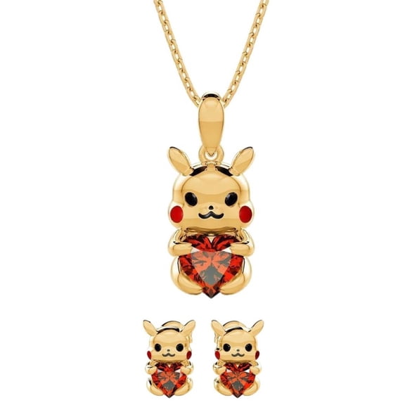 Pikachu Goldtone Pendant With Red Faux Stones Necklace and Earring Set