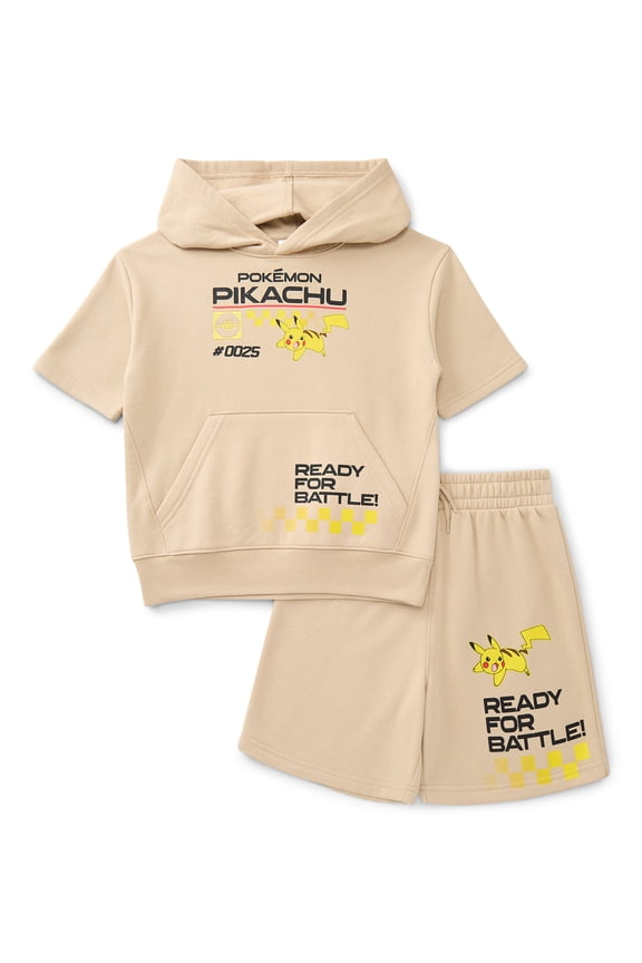 Pikachu Little Boys and Big Boys Short Sleeve Hoodie Shorts 2pc Set, Sizes 4-16