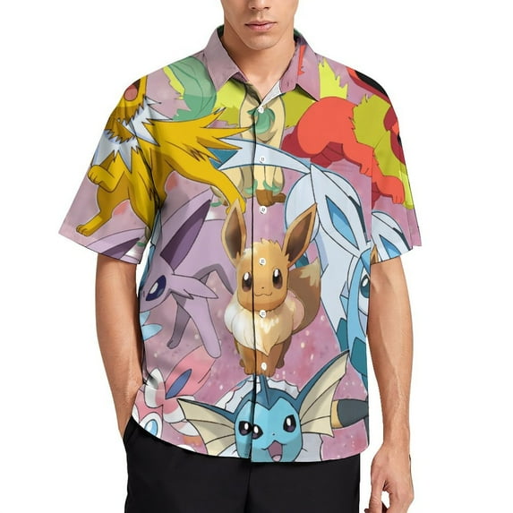 Pikachu Men's Summer Shirts Short Sleeve Button-Down L