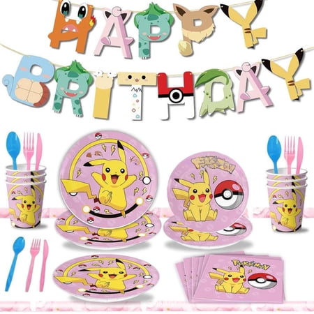 Pikachu Party Decorations, Pikachu Birthday Decorations & Pikachu Party Tableware Set- Pikachu Decorations Banner & Pikachu Tablecloth Plates Cups Napkins etc
