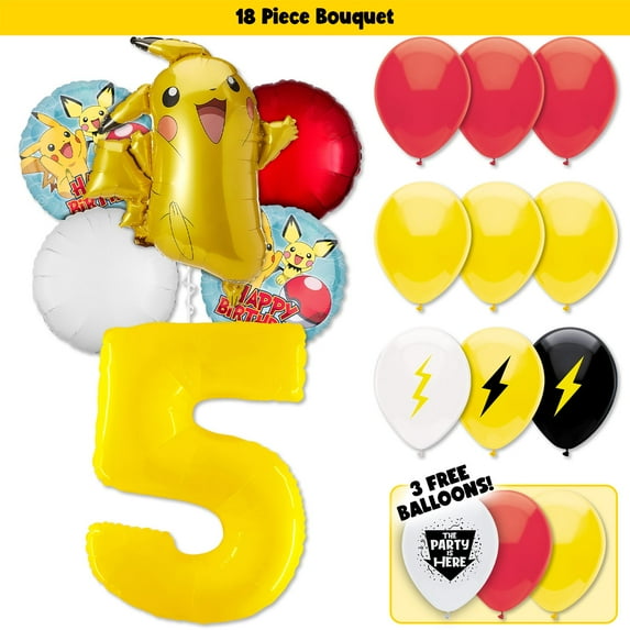 Pikachu Pokemon Balloons Bouquet Kit - Kids Party Decor Decoration Supplies with 40" Yellow Number Balloons (1-9) - Perfect for Birthday Celebrations and Themed Events