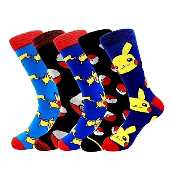 Pikachu Pokemon Character Socks 5 Pairs Men Patterned Novelty Funny Cartoon Crew Dress Socks for Wedding Groomsmen 10-13