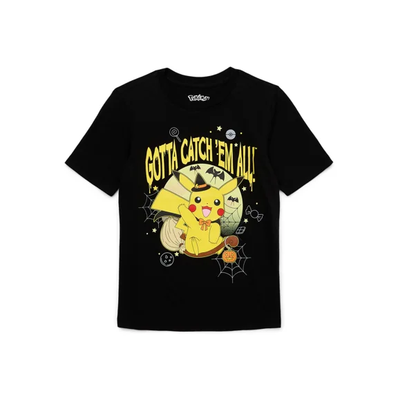 Pikachu Spooky Nights Little Boys and Big Boys Graphic Tee with Short Sleeves, Sizes 4-18