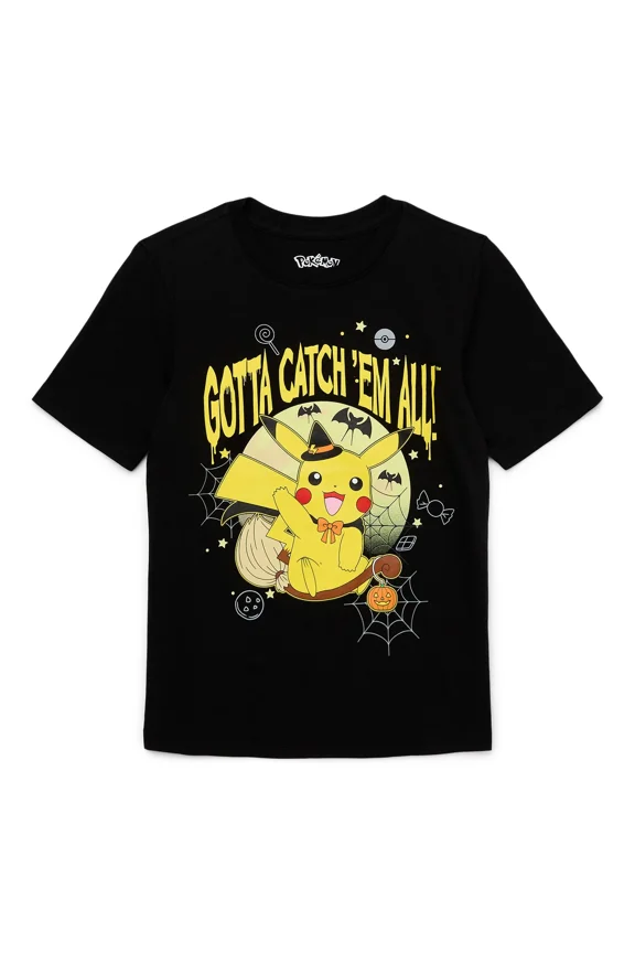 Pikachu Spooky Nights Little Boys and Big Boys Graphic Tee with Short Sleeves, Sizes 4-18
