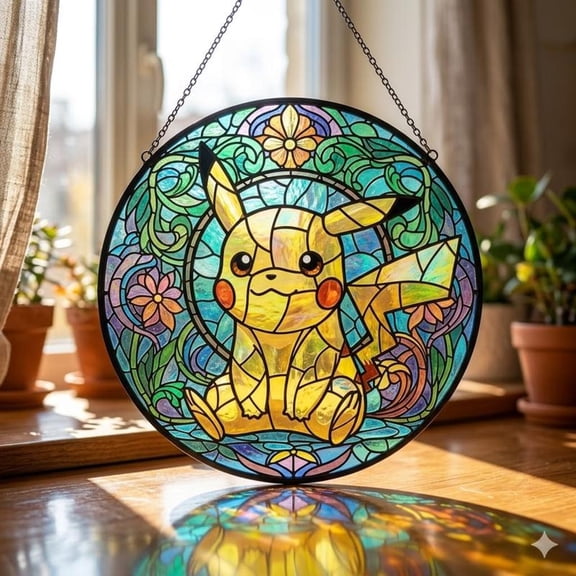 Pikachu Stained Glass Suncatcher, Cute Yellow Monster Wall Art, Art Nouveau Anime Window Hanging, Gamer Room Decor Gift, Pokemon Gift For Fan