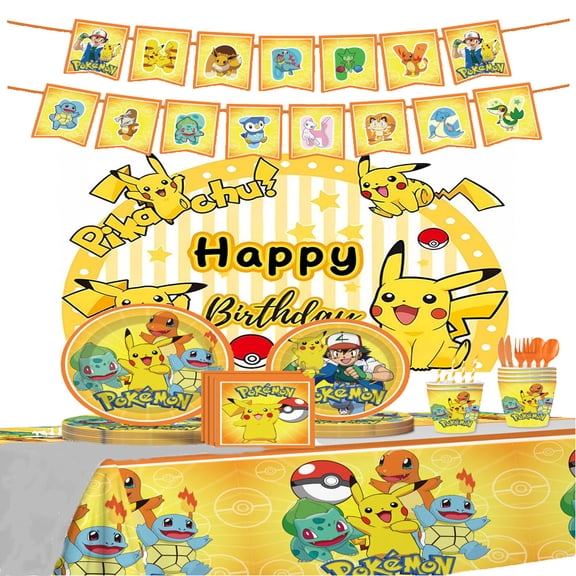 Pikachu cartoon theme birthday party decorations include birthday banners, background cloth, tablecloths, plates, forks, knives and spoons, which are suitable for children's parties