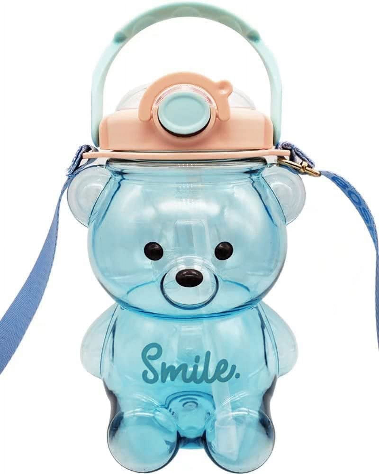 Pikadingnis Kawaii Bear Straw Bottle，Large capacity bear water bottle with  Strap and Straw , Cute Portable Bear shaped water Bottle Adjustable  Removable Strap for outdoor and school activities(blue) 
