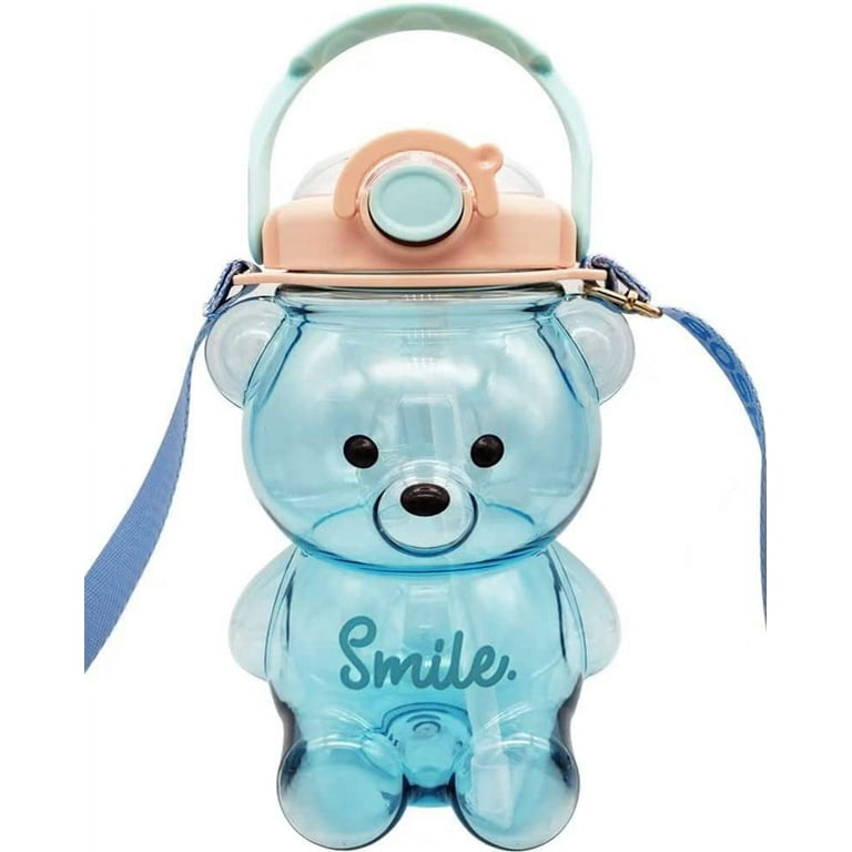 Pikadingnis Bear Water Bottle, Bear Cup with Straw, Cute Charms and Strap  for School Gifts