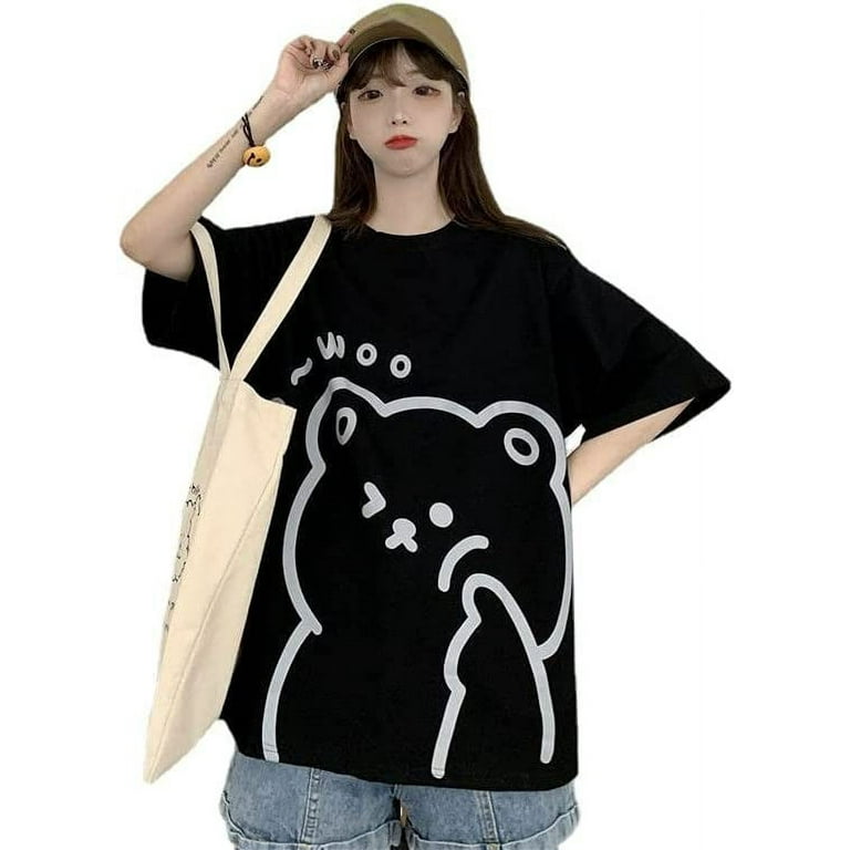 Pikadingnis Grunge Bear Print T-Shirt Cutecore Cartoon Graphic Oversized  Short Sleeved Shirt Casual Harajuku Crew Neck Pullover Tops 