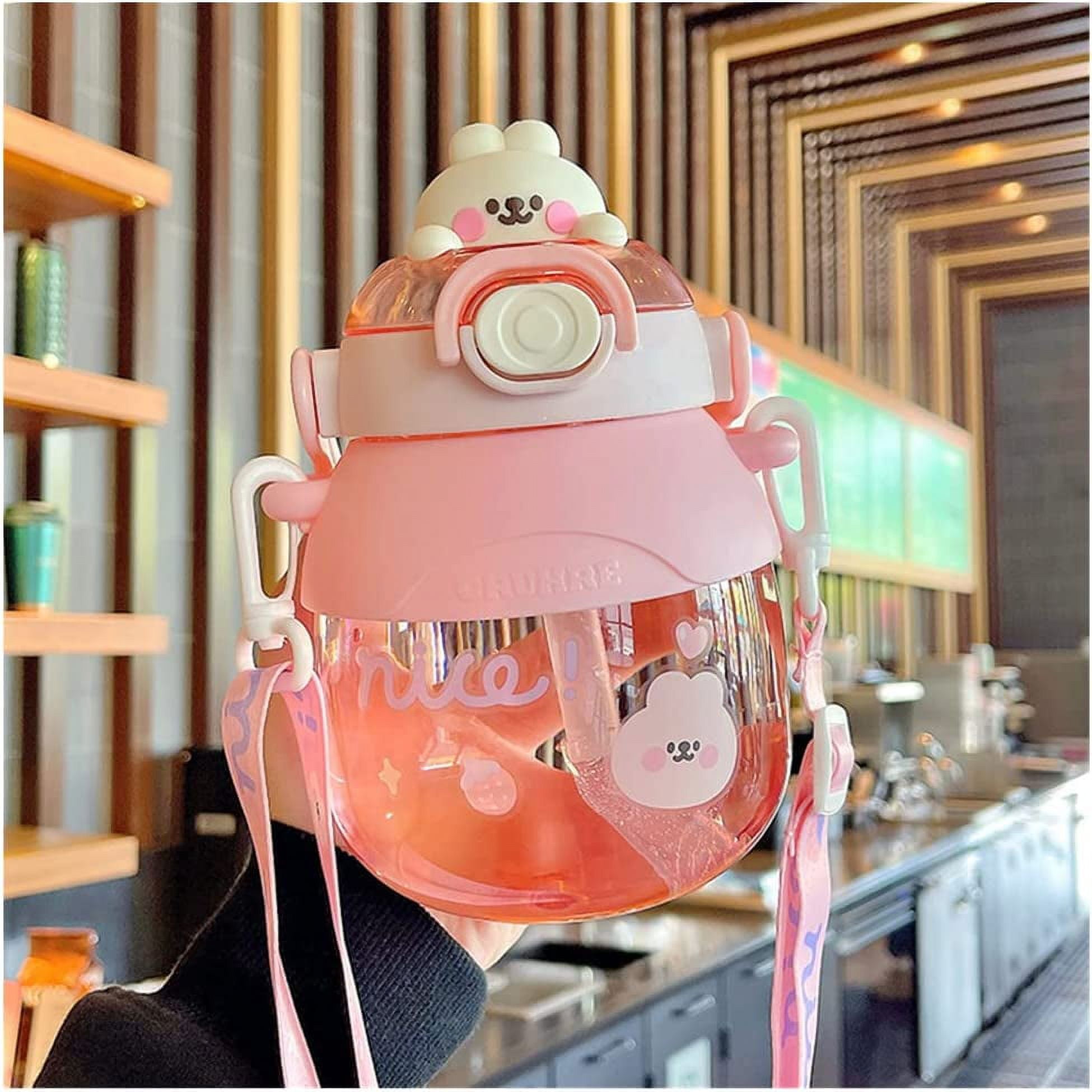  PEXIZUAN Kawaii water bottle big belly cup big water bottle  cute travel cup strap straw cup(pink,1300ML) : Baby