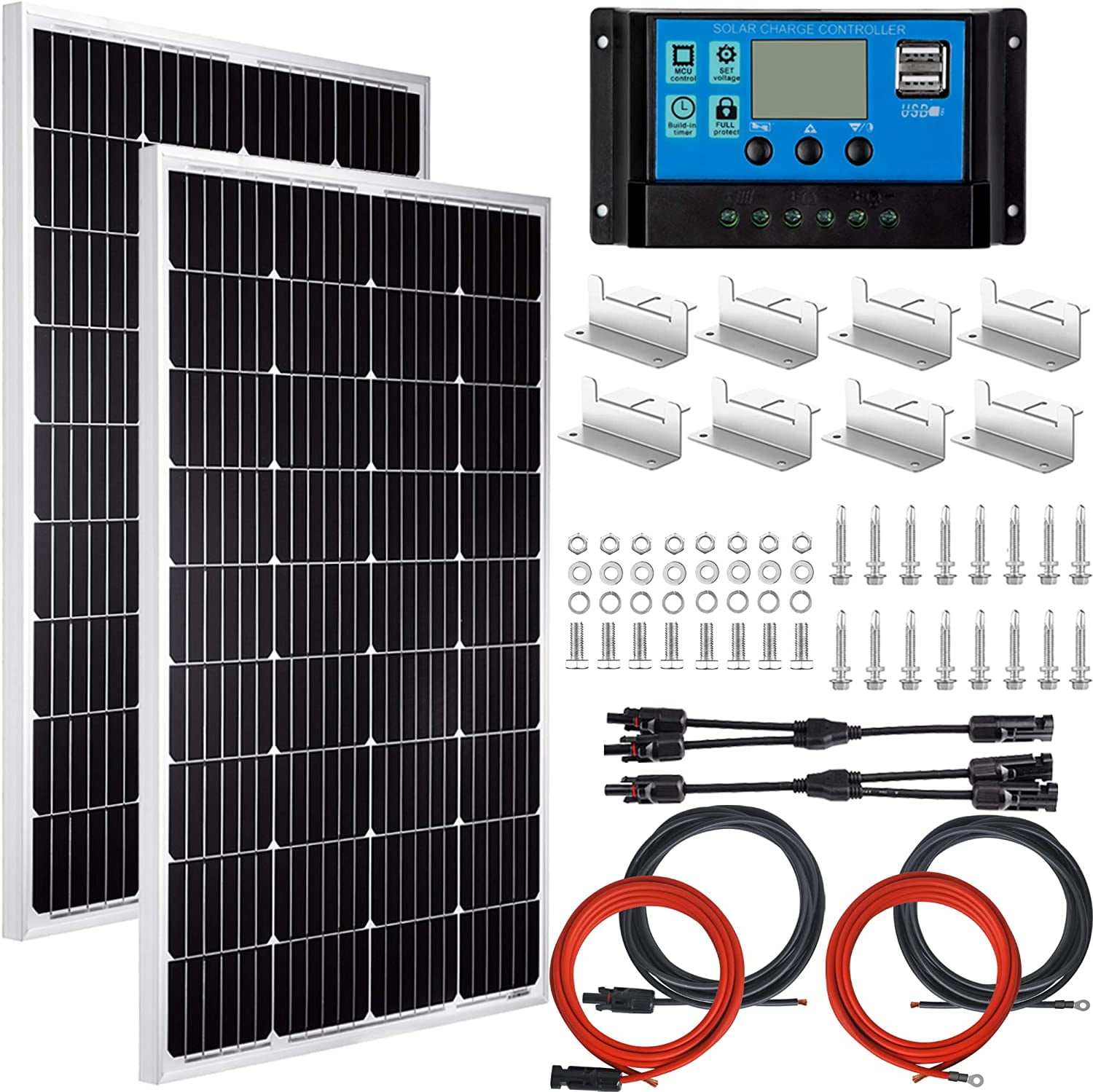 Pikasola 200 Watt 12/24V Solar Panel Kit for RV Boat Home: 2pcs 100W Monocrystalline Solar Panel Grade A + 12/24V Solar Charge Controller + 16ft &10ft Solar Cable + Z-Brackets