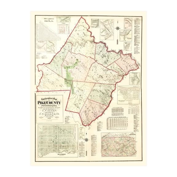 Pike County Pennsylvania Art, 1872 Vintage Map of Pike County PA History Wall Decor Gift, Old Pike County PA Map - 24" x 36" Unframed Print