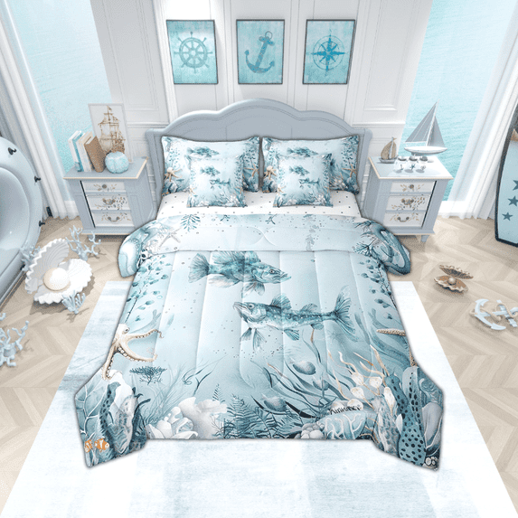 Pike Fish 7 Piece Comforter Set Full Bed in a Bag,Teal Blue Ocean Beach Coastal Bedding Set Starfish Octopus Tentacles Sheet Sets with Comforter Creature Coral Bed Set,Kawaii Fish Room Decor